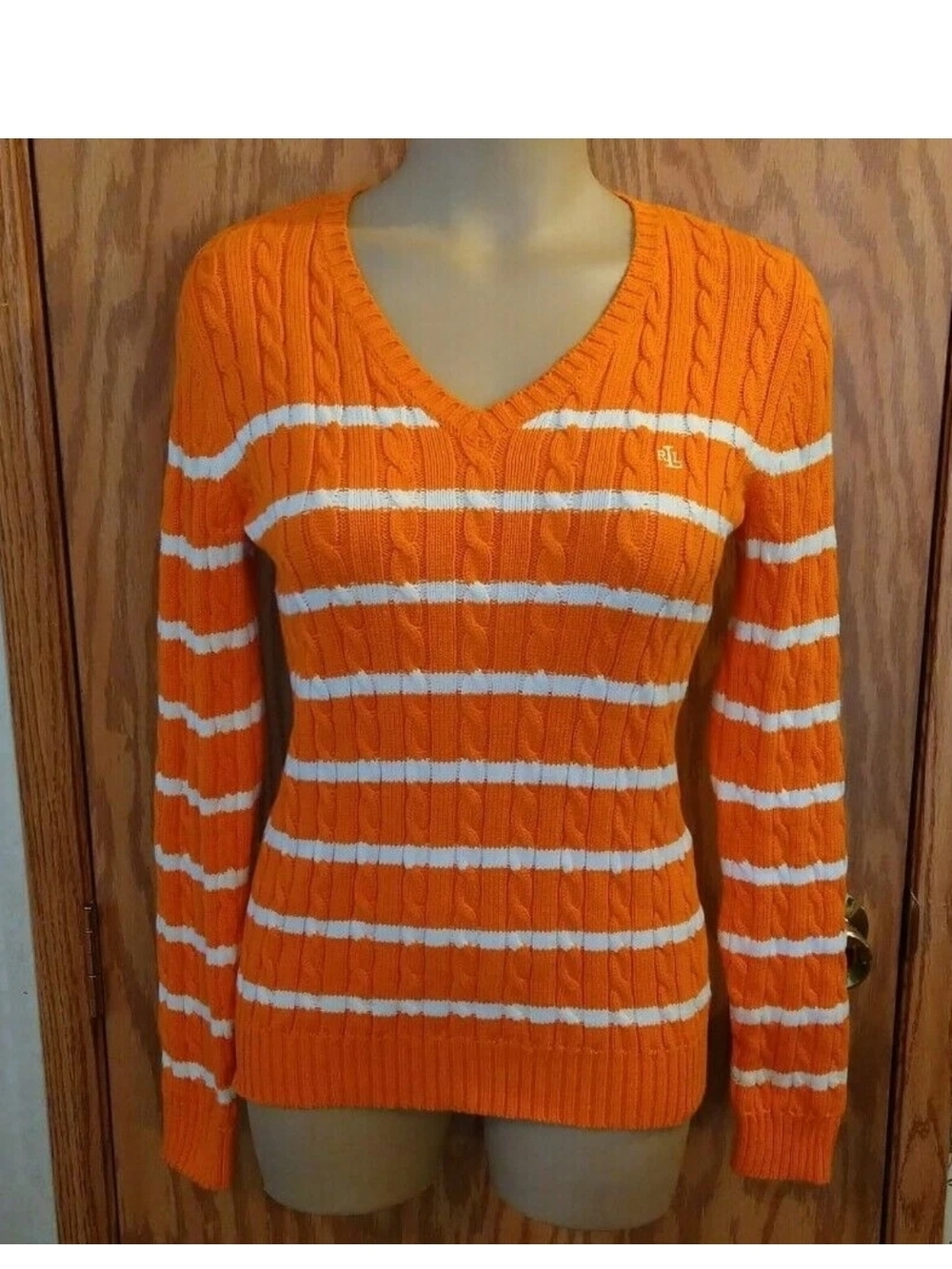 Ralph Lauren Orange V-Neck Cable Knit Sweater with White Stripes
